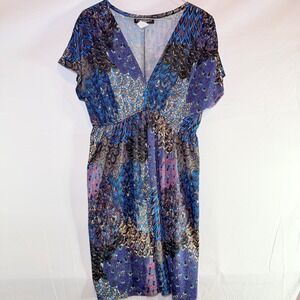 Hypnotized Blue Peacock Paisley Print Empire‎ Waist V-Neck Dress Womens Size M